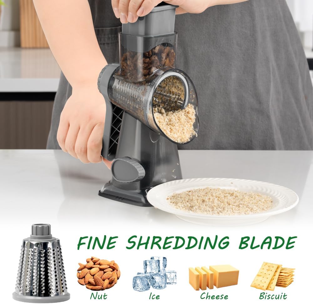 Cheese Grater Hand Crank Rotary Vegetables Shredder with Handle, 3-in-1 Graters with Interchangeable Blades and Non-slip Base Multifunctional Slicer for Kitchen