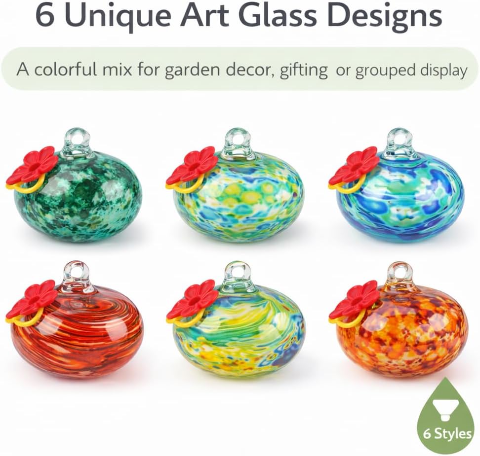 Adkoat® 6PCS Hand Blown Glass Hummingbird Feeders for Outdoors Hanging - Artistic Mini Nectar Feeder Set with Red Flower Ports - Colorful Garden Suncatcher Decor & Unique Gifts for Women Mom Grandma