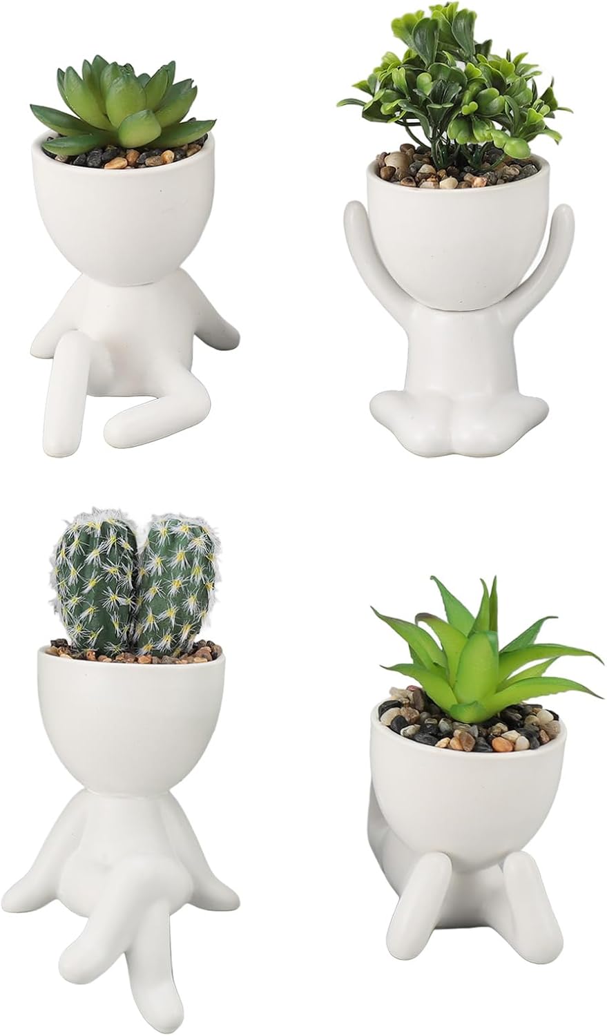 Artificial Succulent Planter Pot Cute Human Shaped Ceramic Plastic Fake Succulents with Pots for Home Office Decoration 4pcs Set