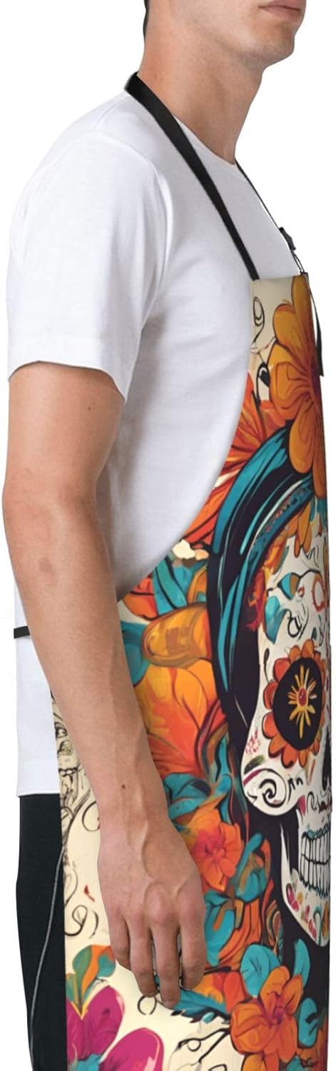 YANYU Floral Skull Print 28x33 In Kitchen Apron Stylish Chef Apron wit