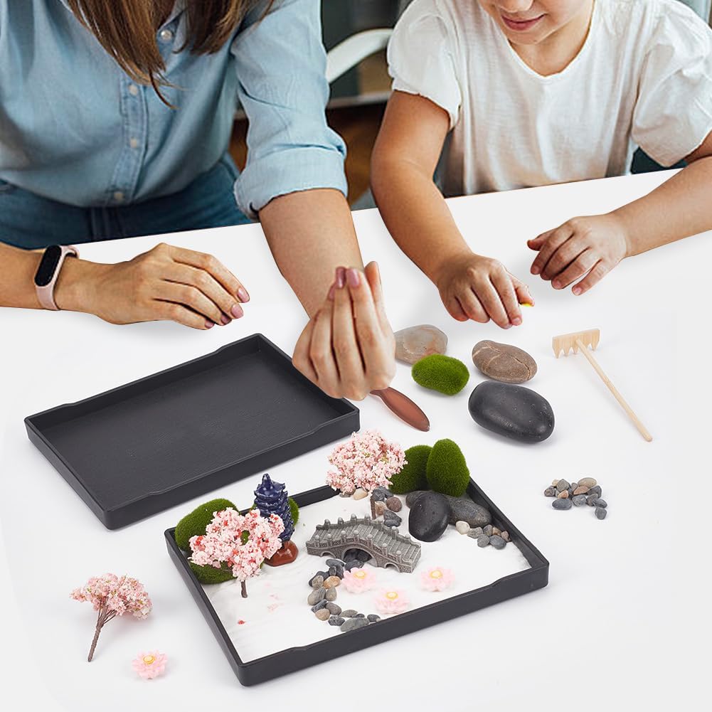 WEBEEDY Zen Garden Kit Japanese Zen Sand Rock Garden Home Office Desktop Accessories Mini Sand Gardens Meditation Gifts Set for Home Office, 8x6in