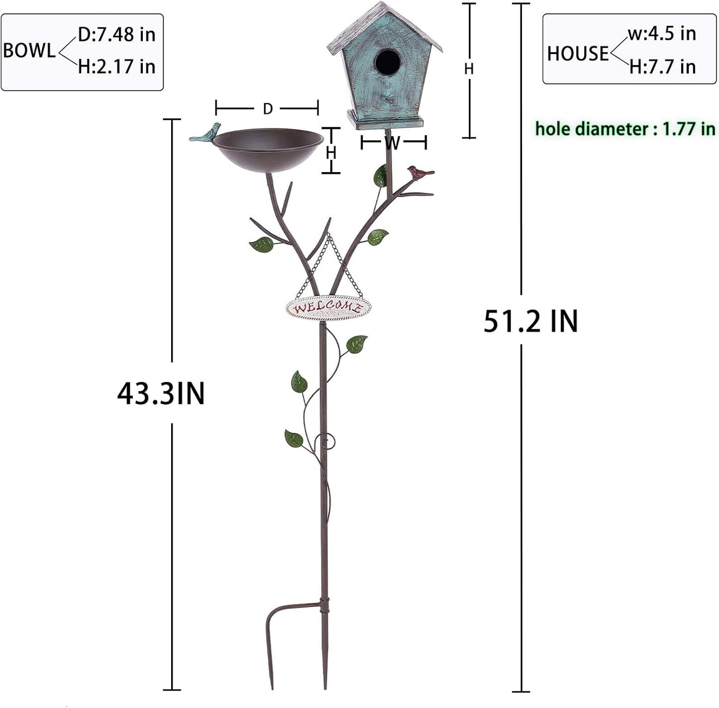 Bird Baths and BirdHouses with Pole, Distressed Metal Bird Bath Bowl a