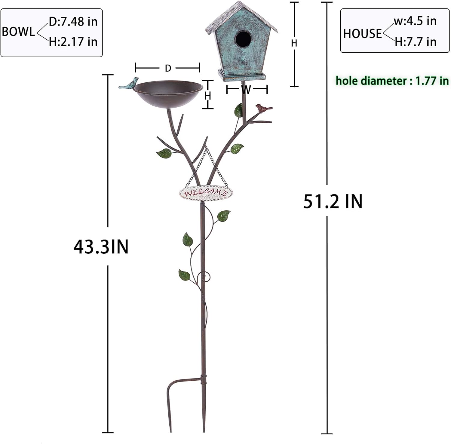 Bird Baths and BirdHouses with Pole, Distressed Metal Bird Bath Bowl a