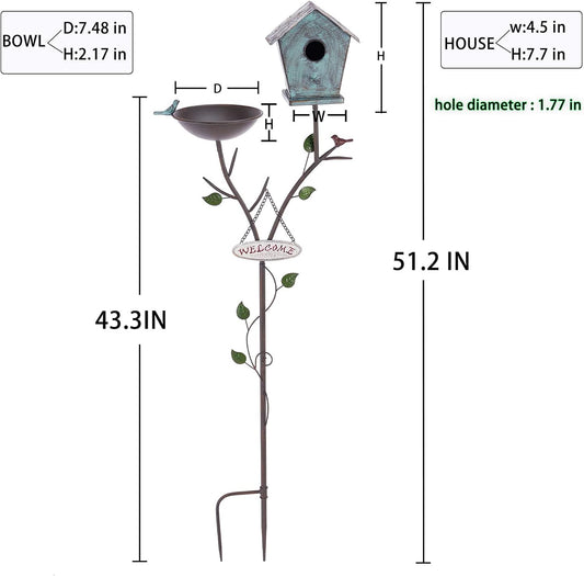 Bird Baths and BirdHouses with Pole, Distressed Metal Bird Bath Bowl a