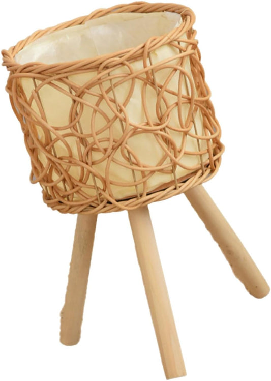 Rattan Plant Stand Stool with 3 Wood Legs Balcony Flower Pots Display Rack Planter Basket for Indoor and Outdoor Use(Original color mediu)