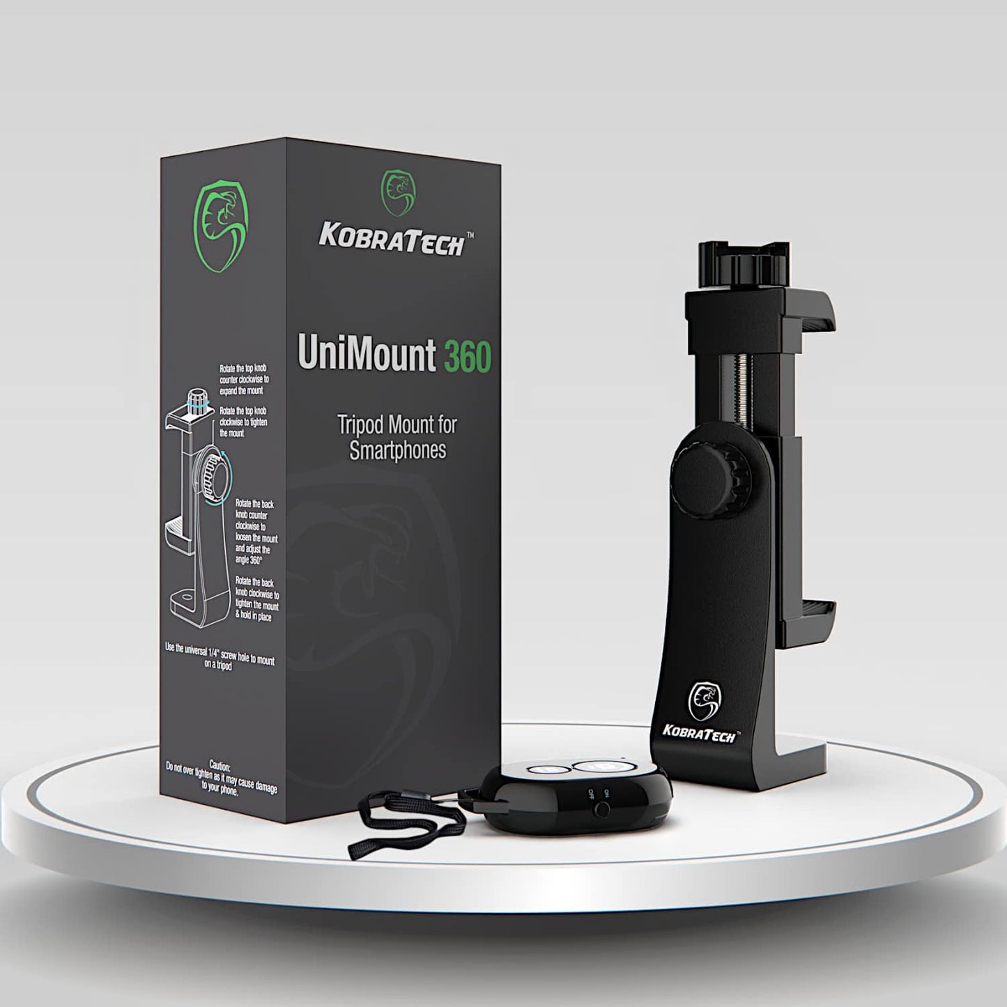 KobraTech iPhone Tripod Mount Adapter - Fits Any Smartphone - Includes Bluetooth Remote Shutter - UniMount 360 Universal Phone Holder for Tripod