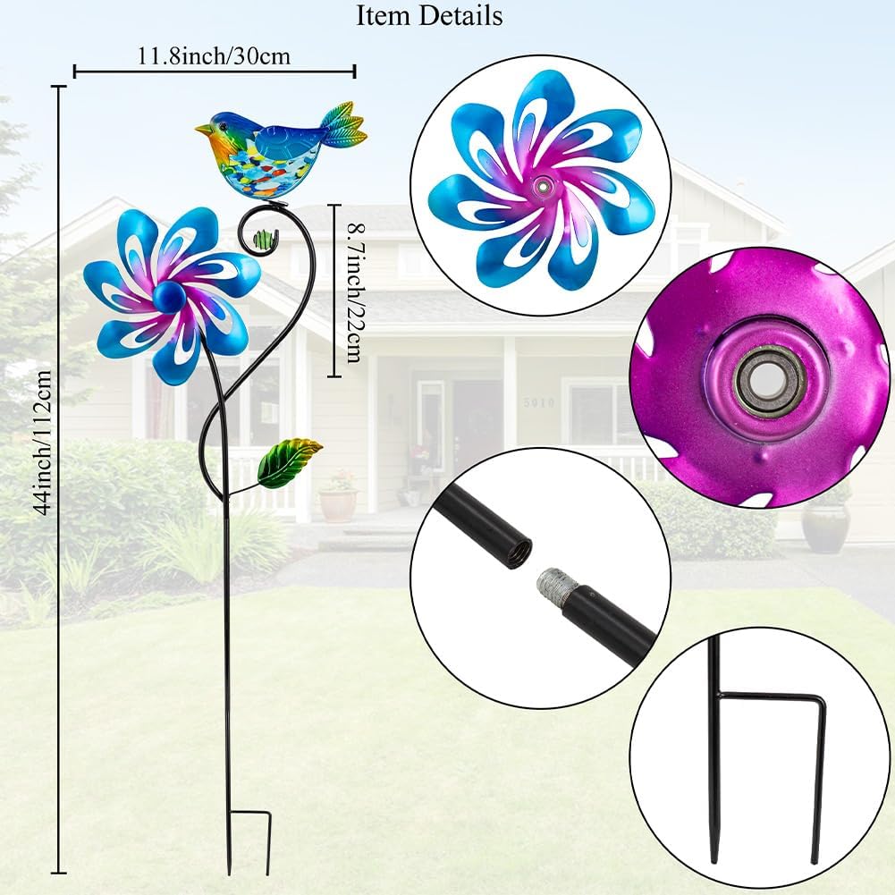 Wind Spinners Outdoor, Kinetic Metal Wind Spinner, Decorative Glass Bird Windmill Waterproof Pinwheels for Yard and Garden Decor