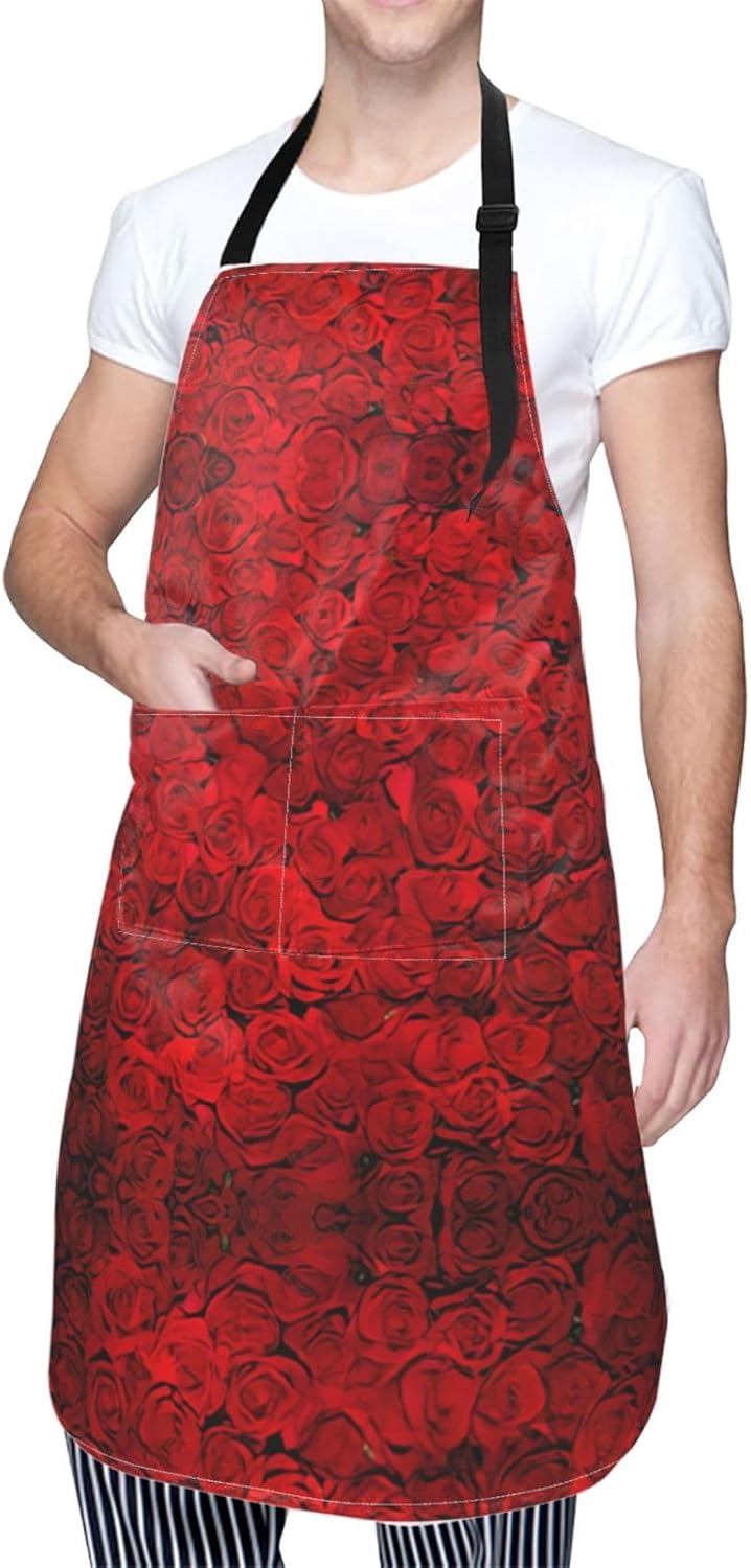 Red Rose1 Print Laundry apron 28x33 In Waterproof Kitchen Apron with Pockets for Cooking Baking