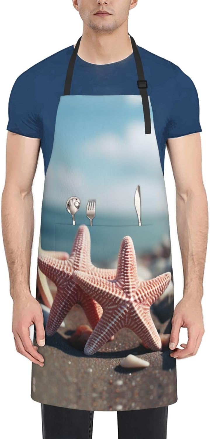 beach starfish print Waterproof apron with pocket adjustable cooking a