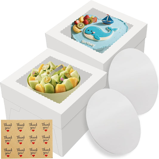 케이크 상자 2팩, 30.5 x 30.5 x 20.3cm(12 x 12 x 8인치) 높이 케이크 상자, 케이크 보드 포함, 큰 창이 있는 화이트 베이커리 상자, 뚜껑이 있는 일회용 케이크 운반 용기, 쿠키, 파이, 결혼식, 생일용
