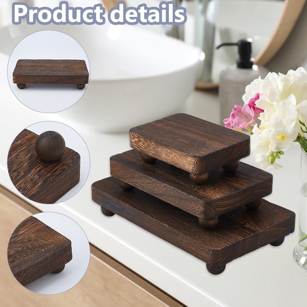 DICOSMETIC 3Pcs Rectangle Wooden Risers Farmhouse Pedestal Stand Coffee Bathroom Counter Sink Decor Countertop Plant Riser Wooden Kitchen Display Tray for Indoor Outdoor Soap Candles Cup