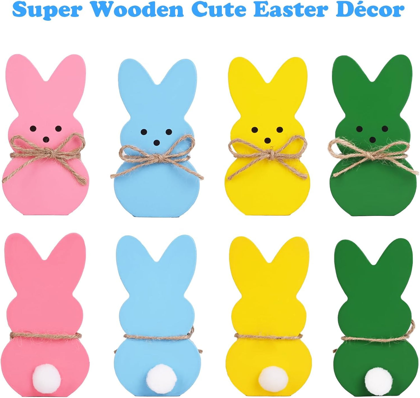 Easter Décor, 4 Pcs Wooden Peep Bunny Decorations for Tiered Tray, Mantel, Farmhouse, Cute Spring Signs for Home, Office, Party Supplies