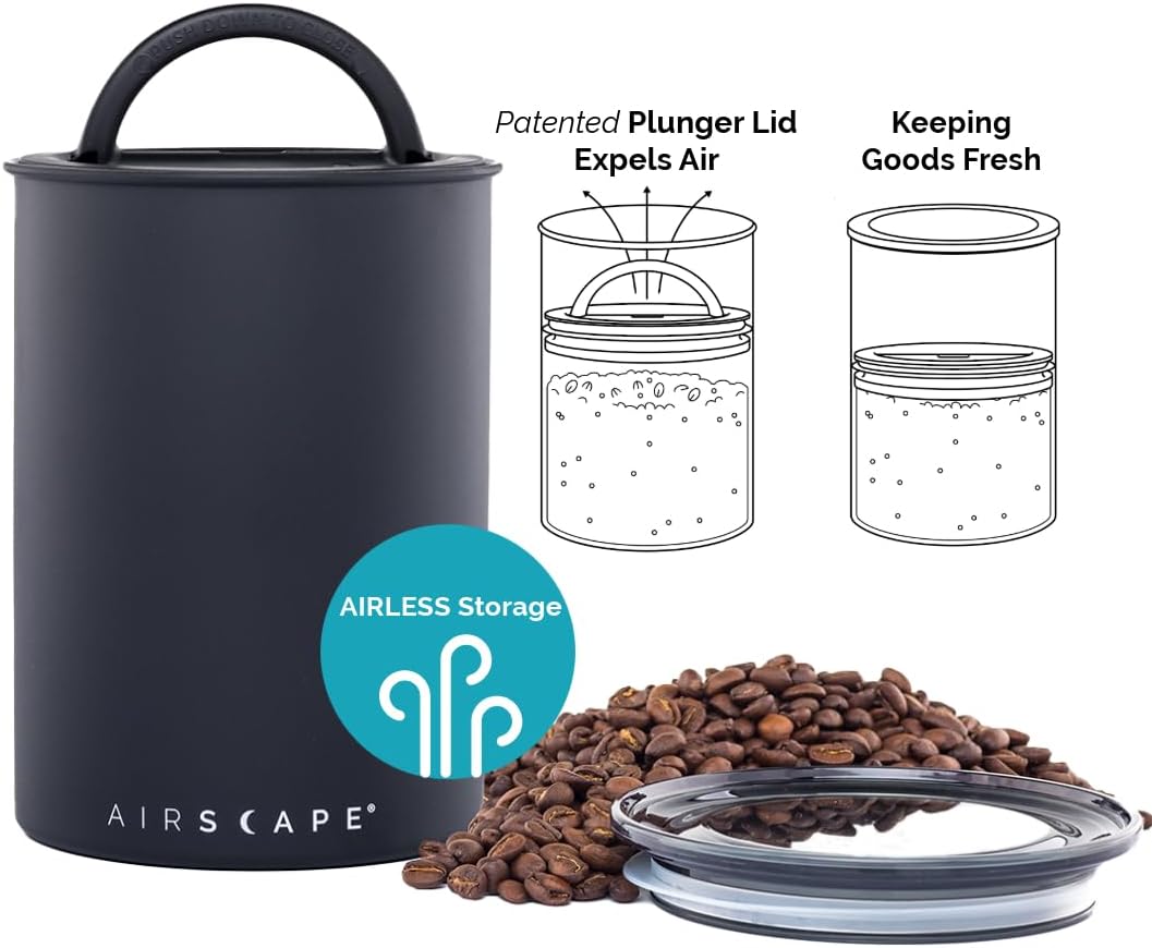 AirScape Planetary Design Stainless Steel Coffee Canister | Food Storage Container | US Patented Inner Plunger Lid REMOVES Excess Oxygen | Don't Buy airtight, Buy AIR-Less | (Medium, Matte Black)