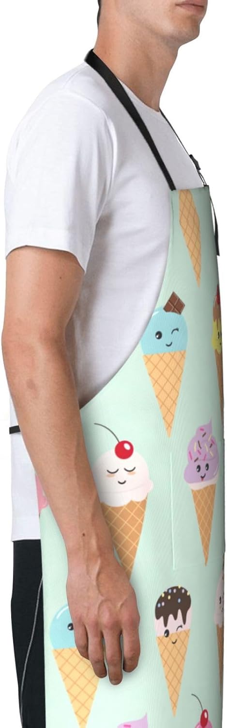 Ice Cream Cones Print 28x33 In Adult Kitchen Apron with Pockets Versatile Chef Smock for Cooking Baking