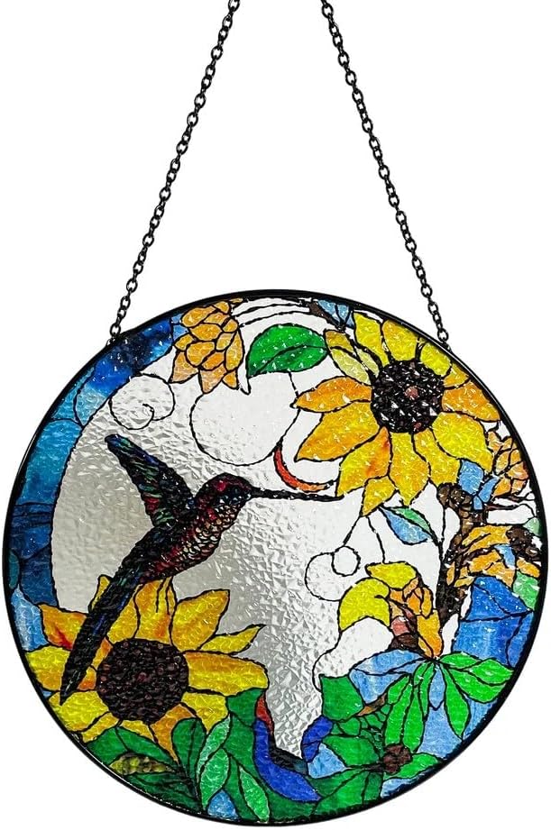 Hummingbird and Sunflowers Stained Glass Suncatcher/Window Hanging – Handcrafted Glass Art, Perfect for Home, Garden, and Gift Giving, 7.8 Inch Round Design