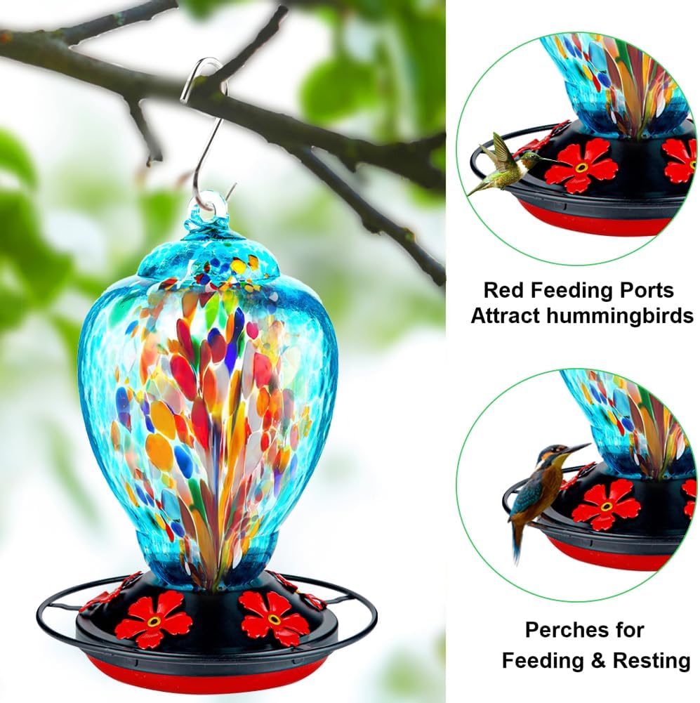 Glass Hummingbird Feeder for Outdoor Hanging 32 Ounces Large Hand Blown Patio Garden Decoration Hummingbird Feeder with Ant Moat Gift Idea for Women (Blue Fire)