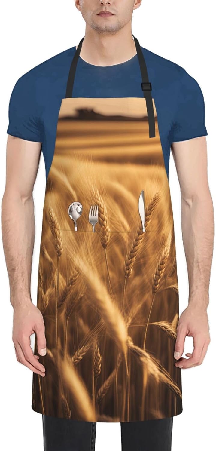YANYU Wheat Field Print 28x33 In Kitchen Apron Stylish Chef Apron with Pockets for Cooking Baking Painting