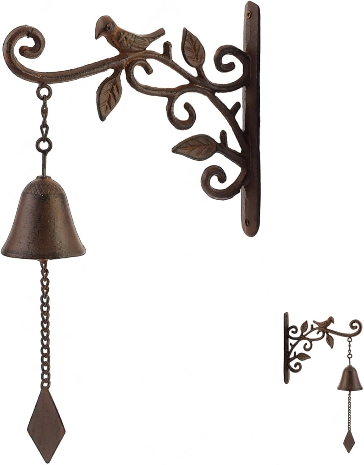 Cast Iron Outdoor Dinner Bell for Door, Wall Mounted for Home Patio Garden & Entryway, Black & Rust Bird Design