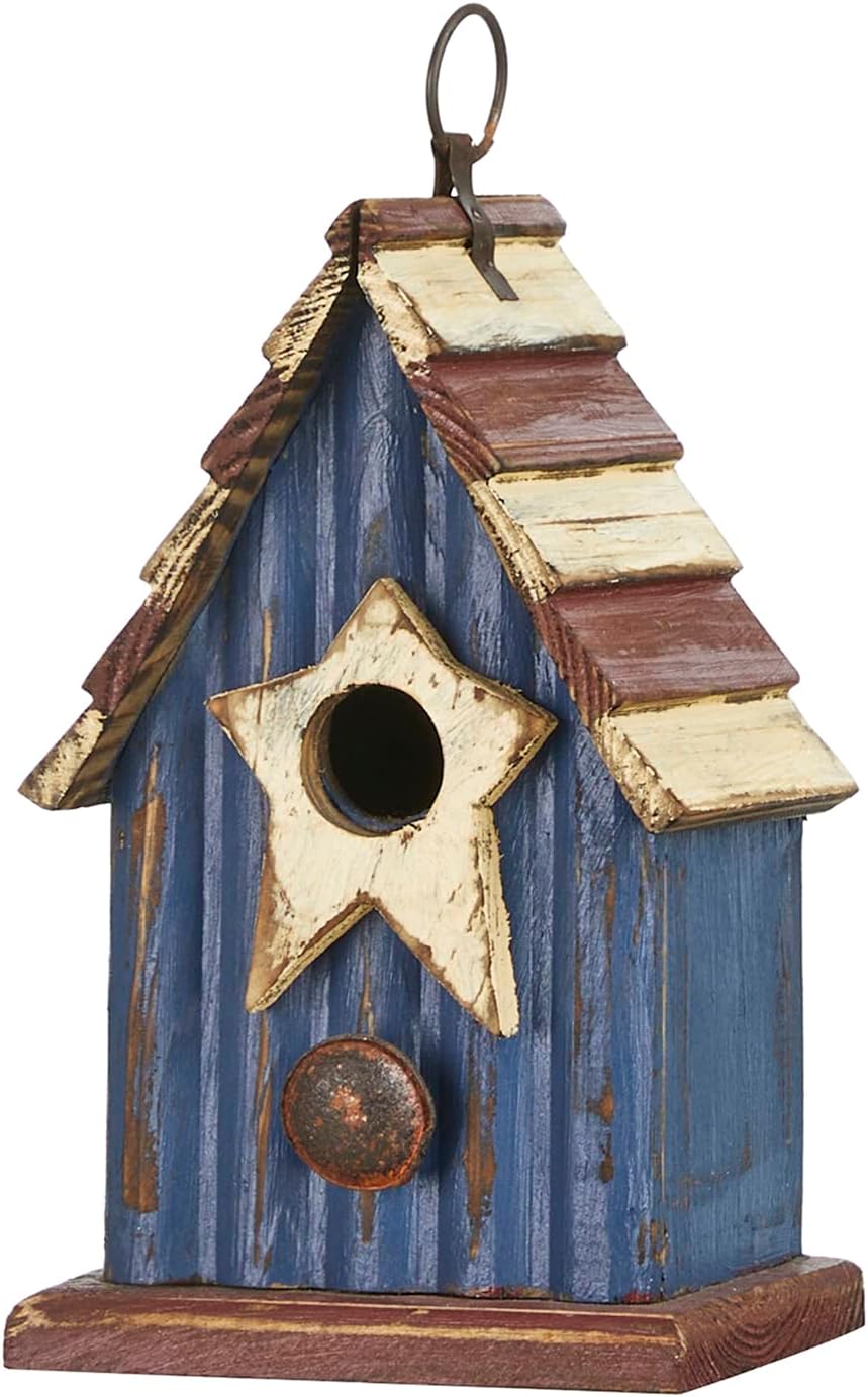 Glitzhome 9" H Patriotic Wooden Bird House, Hanging Birdhouses for Outdoors, Distressed Solid Wood Cottage Design with 3D Star, Garden Birdhouse for Bluebird Hummingbird Wren Finch Cardinals Cedar