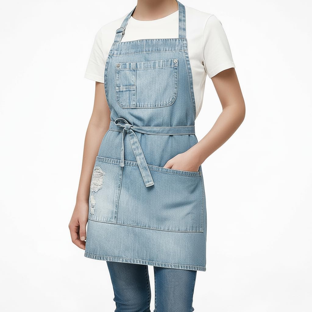Denim Apron With 5 Pockets for Kitchens,Hairstylist Aprons for Women M