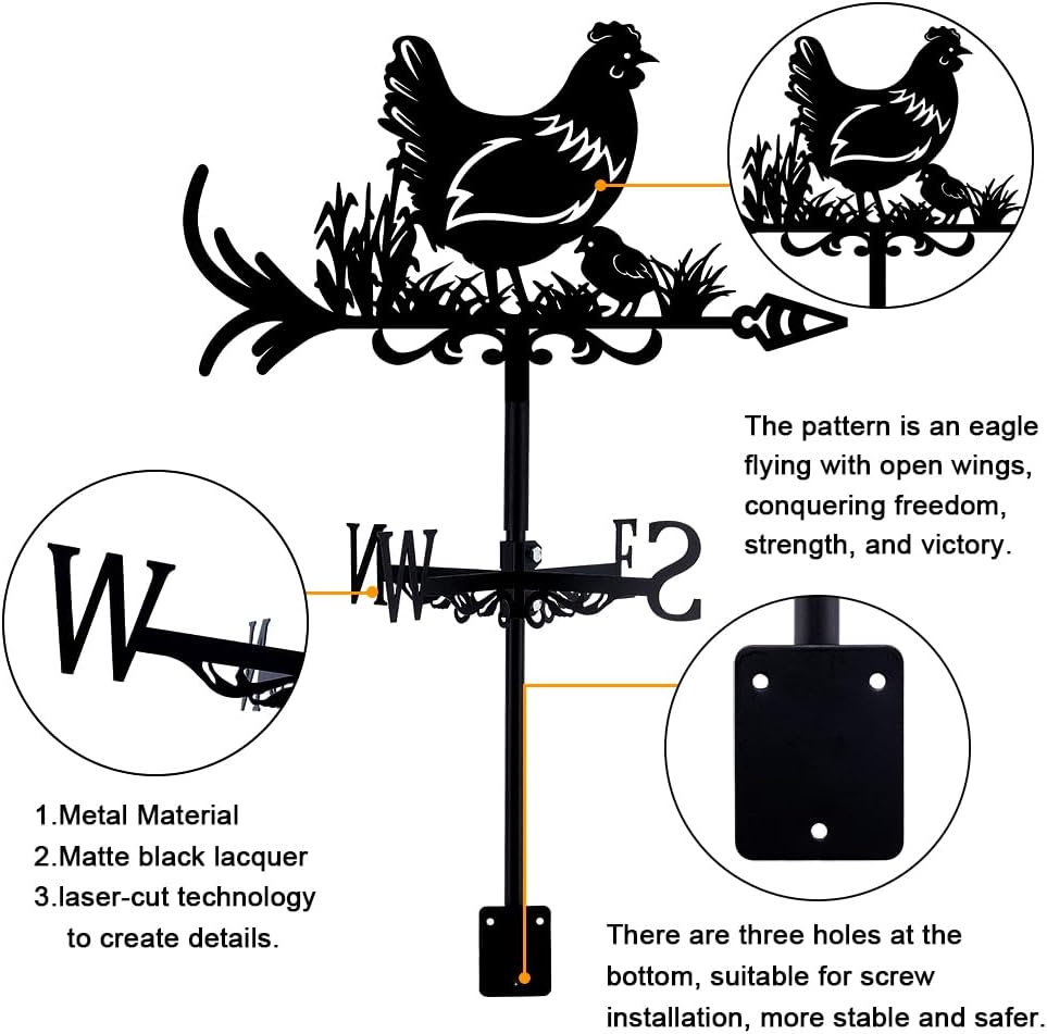 SUPERDANT Hen Weathervane Chicken Weather Vane for Yard Animals Metal Wind Vanes Roof Mount for Outside Garden Black Weathervanes Farmhouse Farm Barn Sheds Patio Outdoor Decorations Gifts
