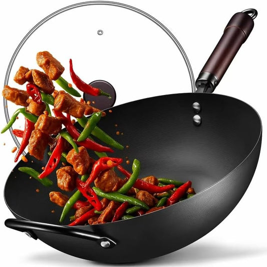 Wok, 13 Inch carbon steel woks & stir-fry pans nonstick, Pre-Seasoned 
