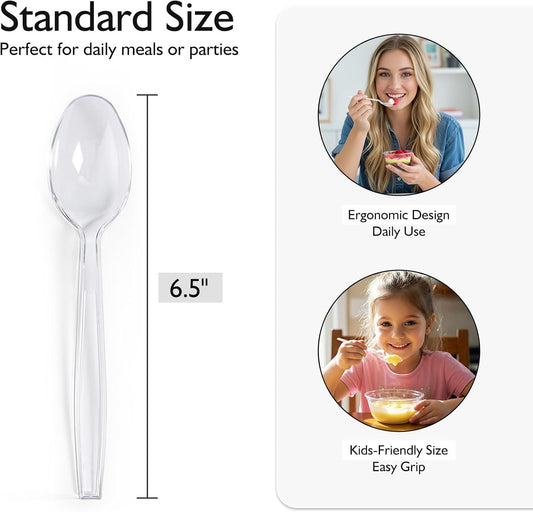[100 Count] Clear Plastic Spoons Heavy Duty, Premium Disposable Spoons