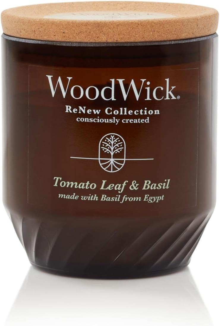 WoodWick Tomato Leaf & Basil Gifts for Women and Men, 6 oz. Renew Medium Candle with Crackling Wick