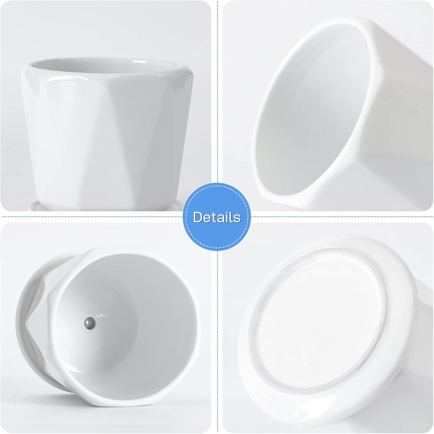Octagon Ceramic Plant Pots - Indoor White Flower Planter Set with Drai