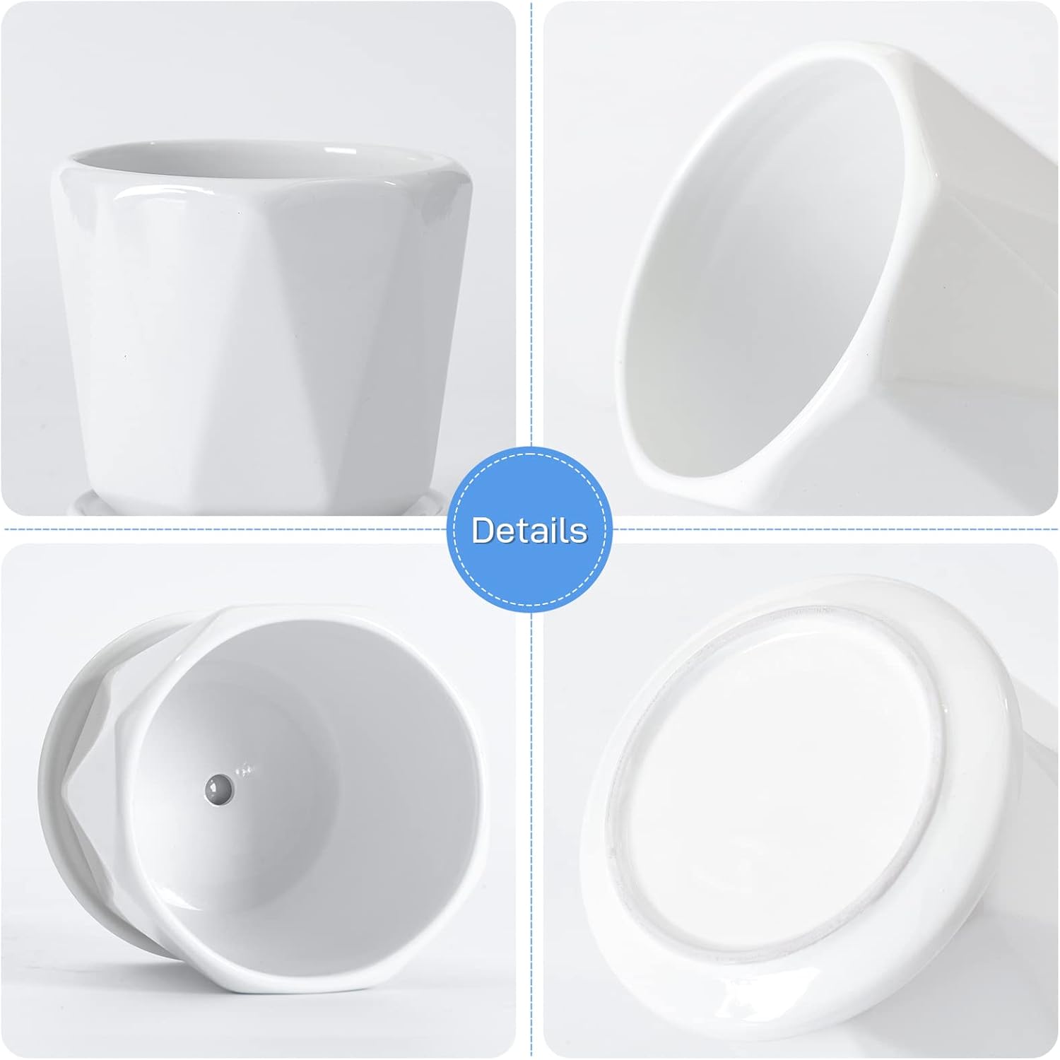 Octagon Ceramic Plant Pots - Indoor White Flower Planter Set with Drai