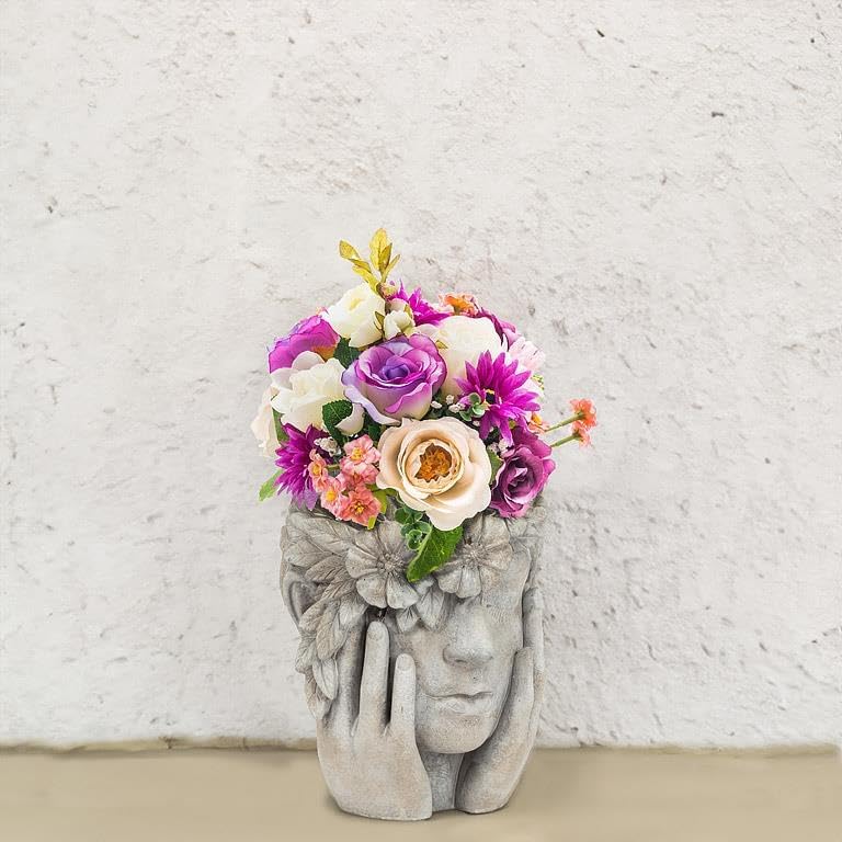 Abbott Collection Woman with Flower Halo Planter - Cement, Grey, 9.5" H (5" D Opening)