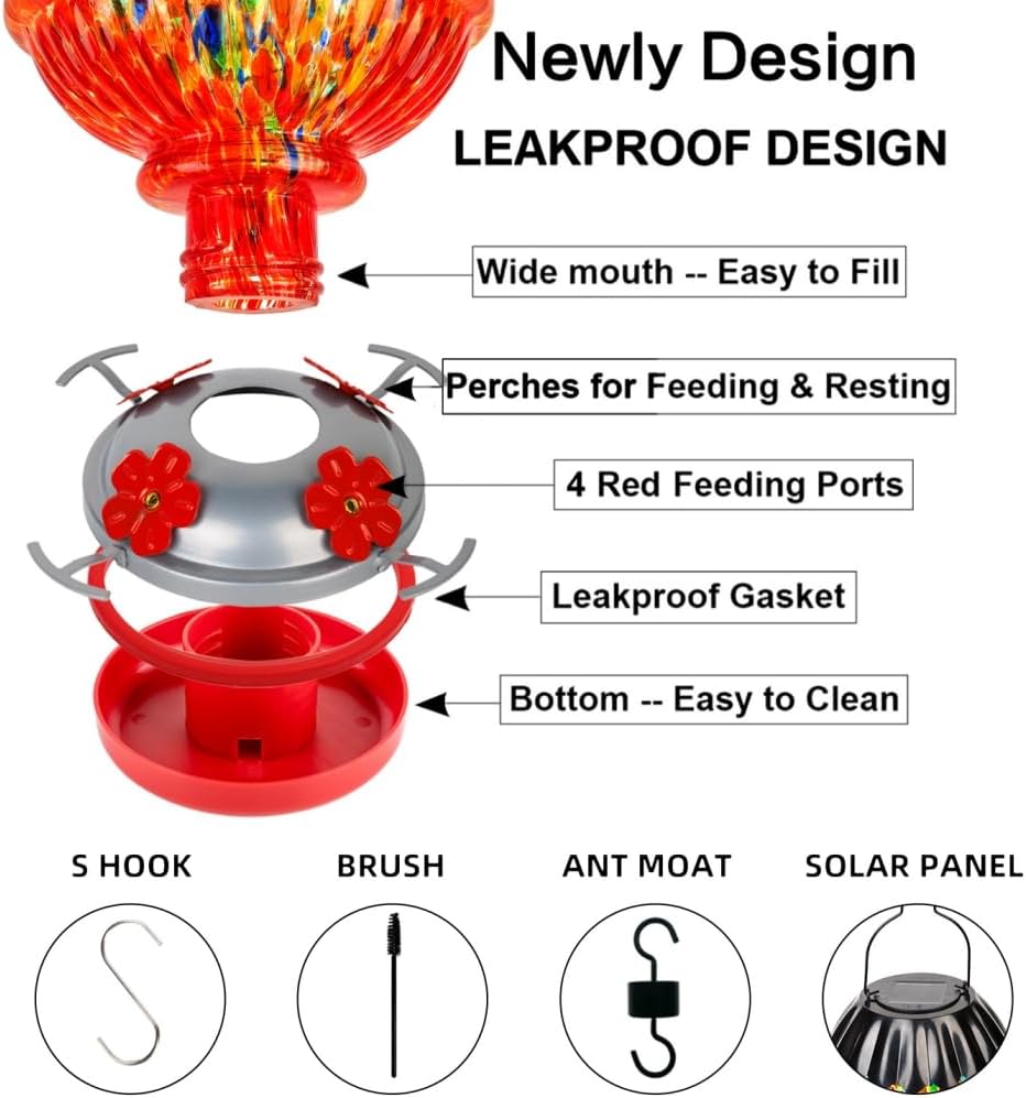 Solar Hummingbird Feeder with Perch 48 OZ Hand Blown Glass Hummingbird