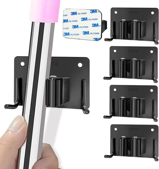 Mop and Broom Holder Wall Mount Stainless Steel 304 Tool Garage Organization Rack Screw and Self Adhesive Broom Hanger Heavy Duty 4pcs (Double Hooks Big Size，4pcs Black), TBJ001