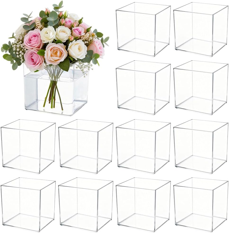 NBEADS 12 Pcs Acrylic Clear Square Vases, 4.72x4.72x4.72 Inch Cube Transparent Planters Acrylic Flower Vases for Wedding Centerpieces Succulent Pots Home Office Floral Decor