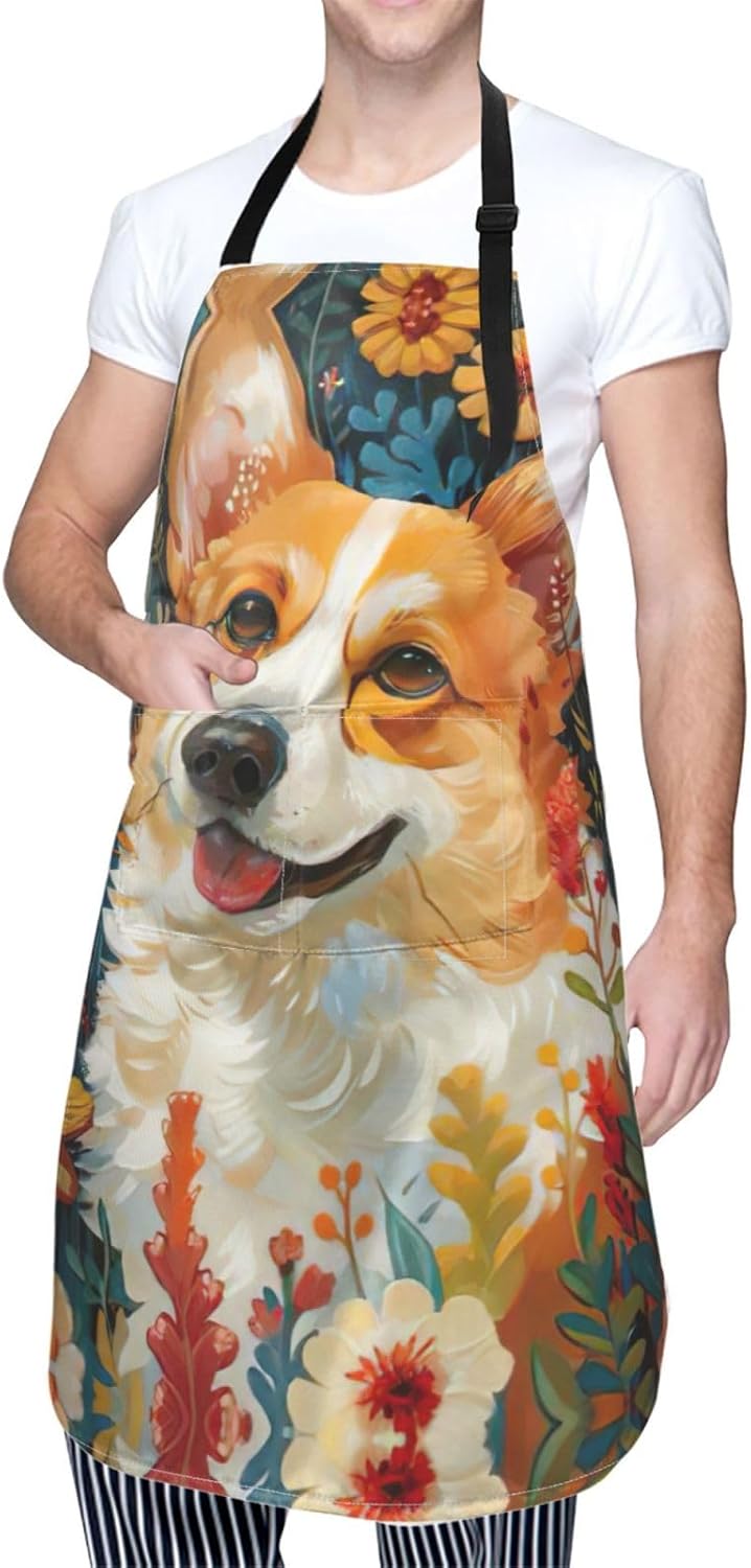 Corgi Floral Flowers Spring Garden Print Laundry apron 28x33 In Waterproof Kitchen Apron with Pockets for Cooking Baking