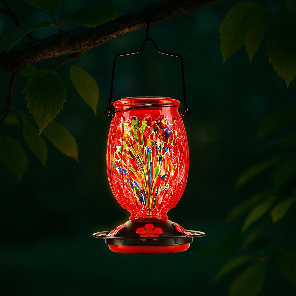 Solar Hummingbird Feeder for Outdoors Hanging Patio Designed 32 Ounces Colorful Hand Blown Glass Hummingbird Feeder 5 Feeding Ports with Perch Never Leak (Red)