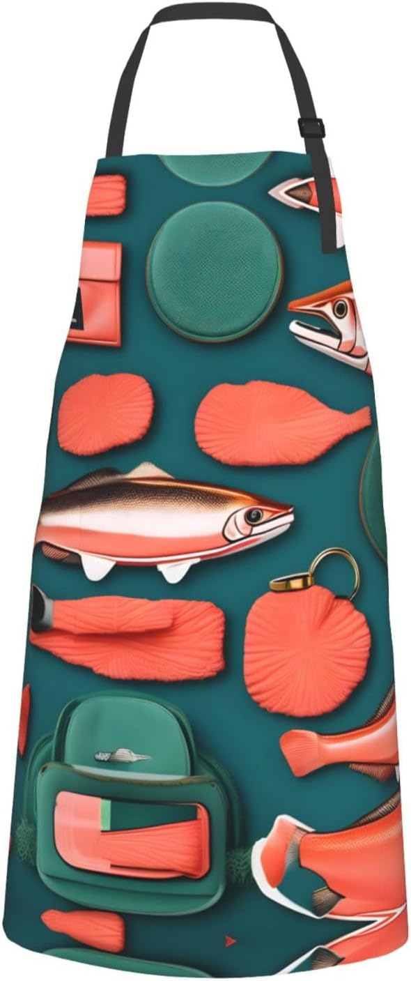 Salmon pattern Print Laundry apron 28x33 In Waterproof Kitchen Apron with Pockets for Cooking Baking