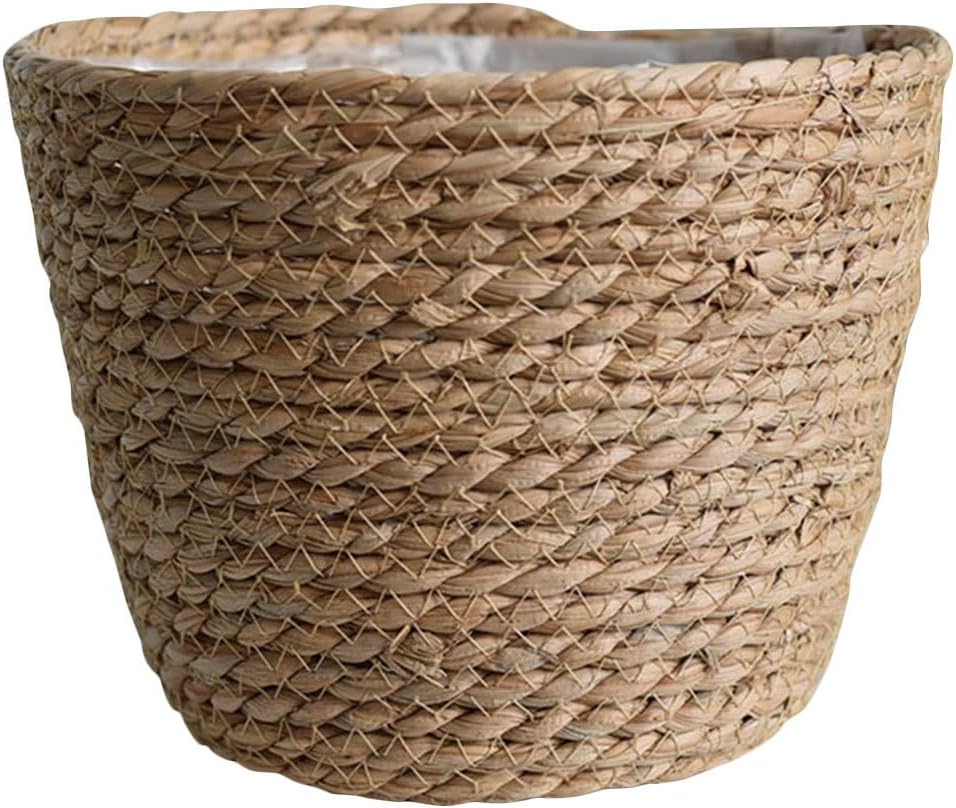 Hand Woven Planter Basket with Liner Rustic Straw Flower Pot for Indoor Outdoor Plants Balcony Living Room Decor 7.8X9.75X7.8 Inches