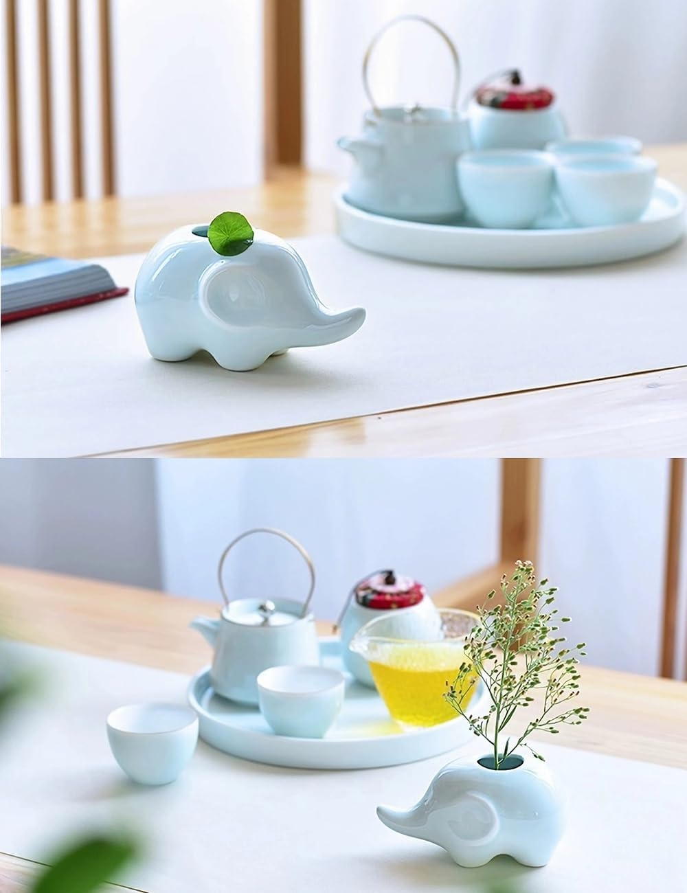 GeLive Cute Elephant Pen Pencil Holder Ceramic Desk Fidget Decor Organizer Mini Hydroponic Vase Small Air Plant Pot Succulent Planter Tabletop Craft Ornament Light Greenish Blue