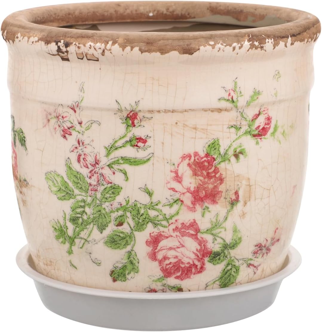 PRETYZOOM Vintage Succulent Pot with Drainage, 4.5'' Small Ceramic Planter with Floral Pattern, Indoor Flower Pot for Balcony, Kitchen, Windowsill Decoration, Christmas Supplies