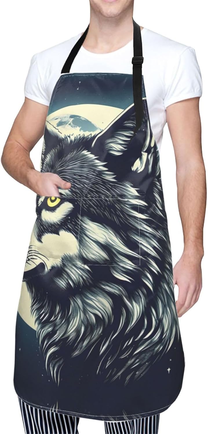Wolf Night Moon Print 28x33 In Adult Kitchen Apron with Pockets Versatile Chef Smock for Cooking Baking