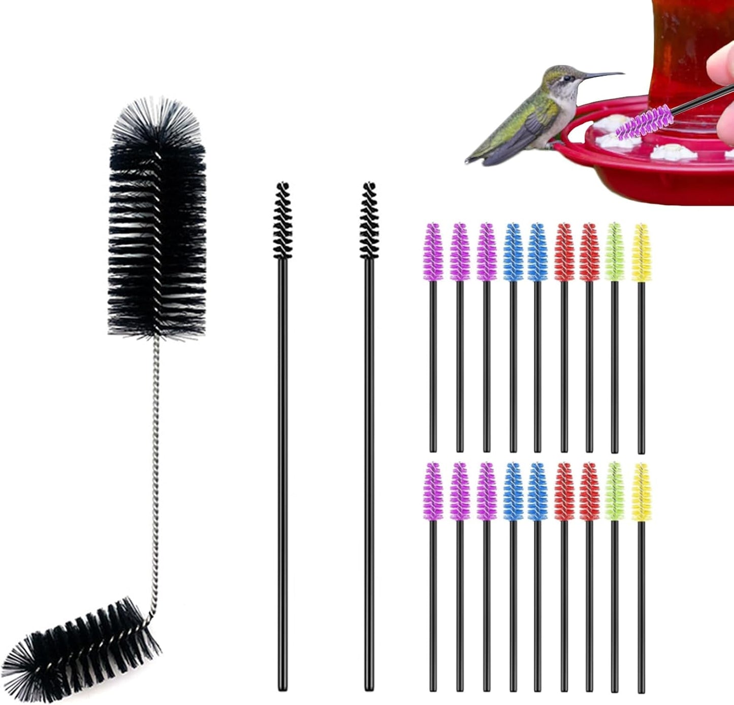 Hummingbird Feeder Cleaning Brush Kit - Small Parts Cleaning Tools Set for Tubes Jars Bottles Feeding Holes, 21 Pcs in 3 Sizes (Black)