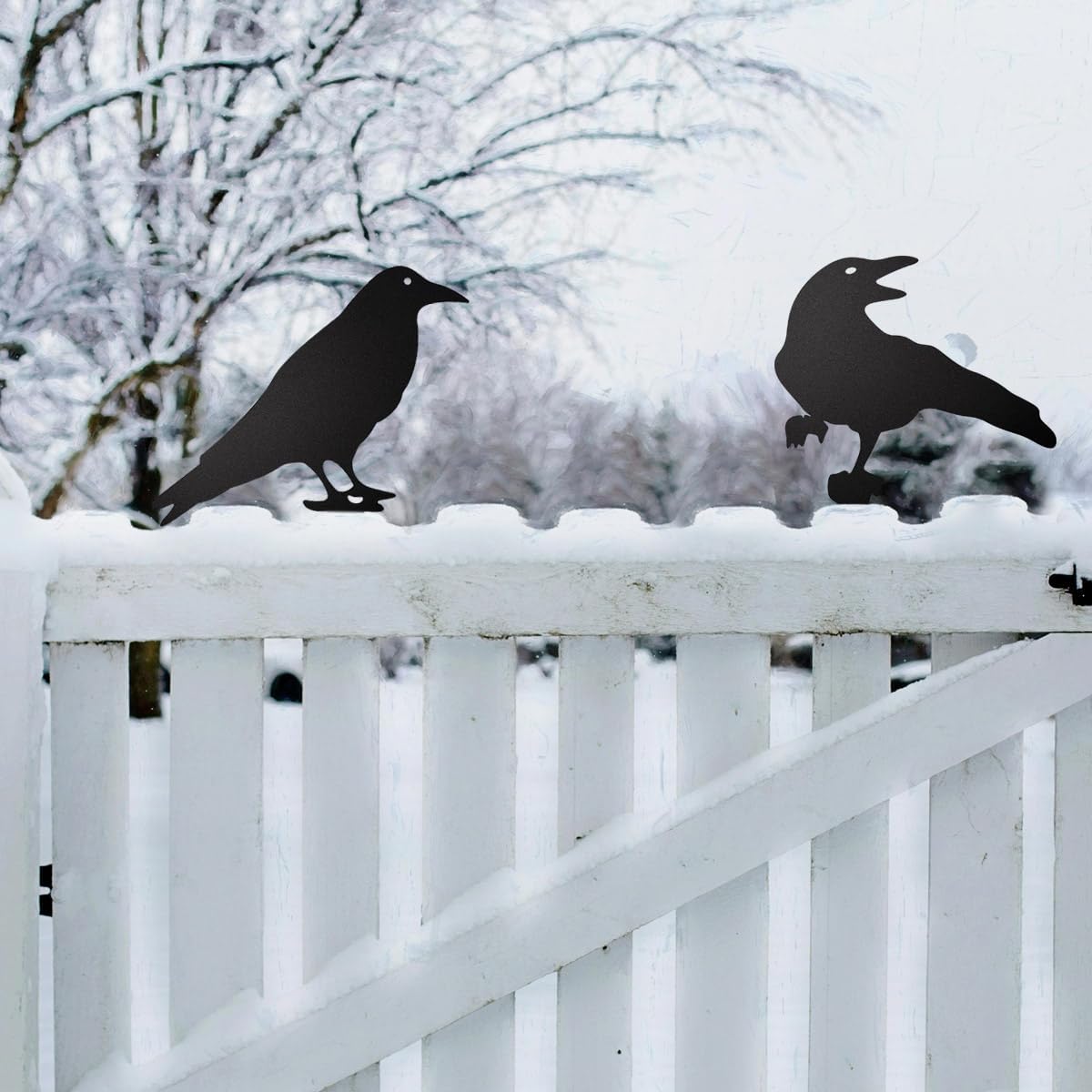 Black Metal Raven Decor ，3PCS Outdoor Raven Yard Fence Decorations ，Metal Birds Craft Ornaments Garden Fence Topper Outdoor Yard Art