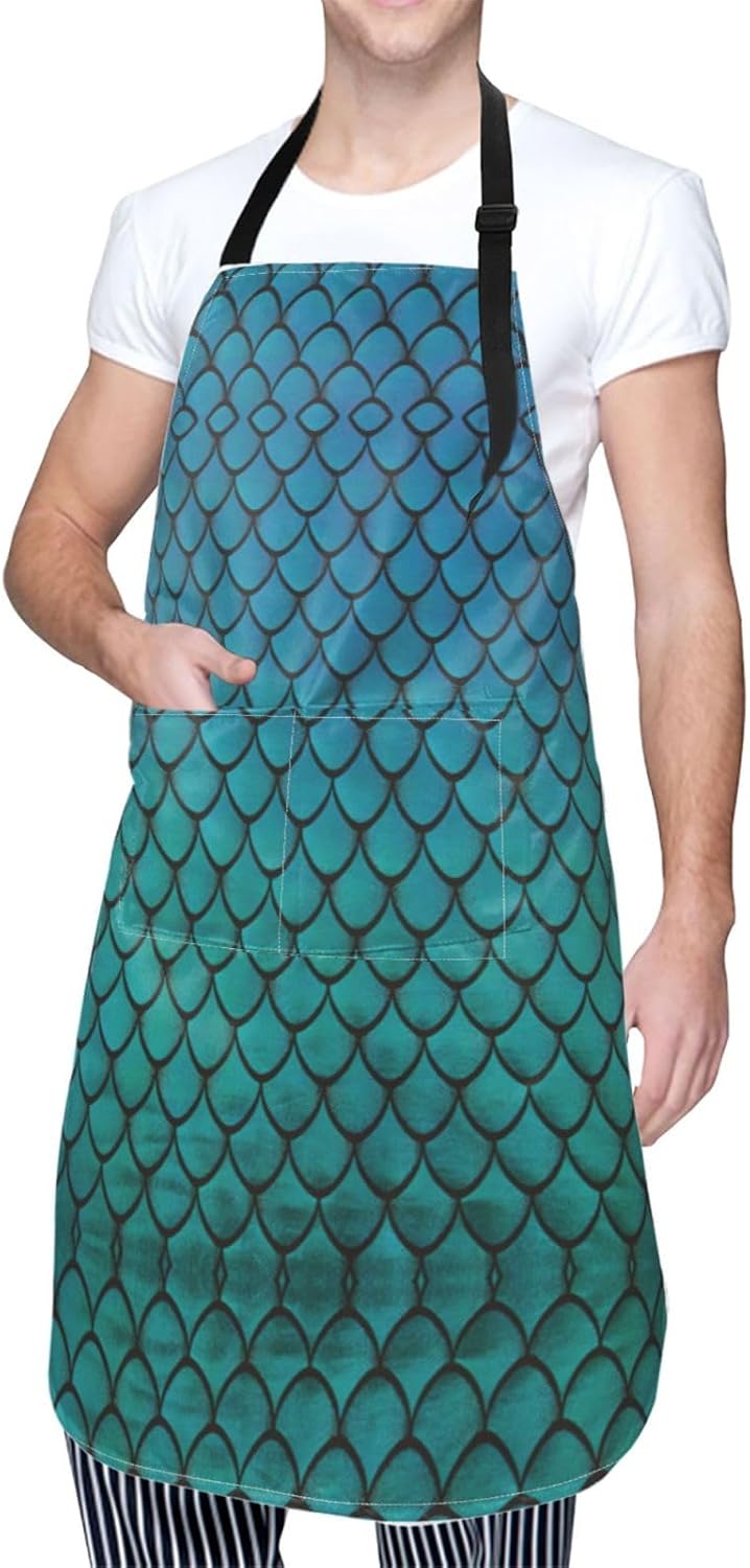 blue fish scale print Waterproof apron with pocket adjustable cooking 