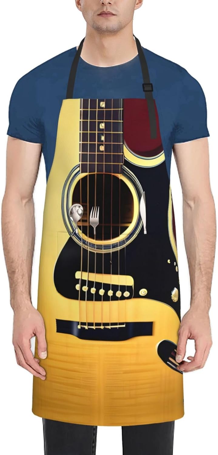 Note Guitar Print 28x33 In Adult Kitchen Apron with Pockets Versatile Chef Smock for Cooking Baking