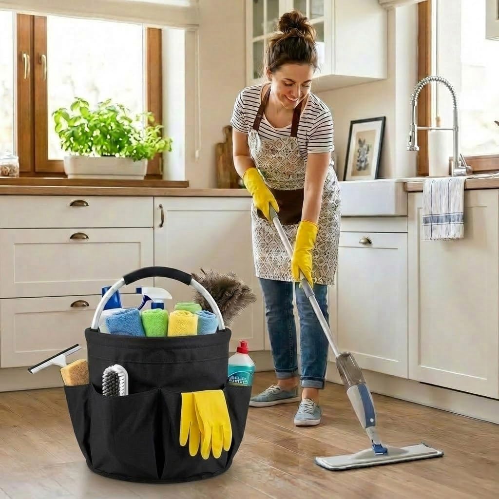 Multifunctional 17L Cleaning Caddy,Foldable 600D Organizer Bag with EVA Grip and 6 Pockets,Portable Storage Tote for Housekeeping,Car Detailing,Garden,Bathroom and Dorm (black)