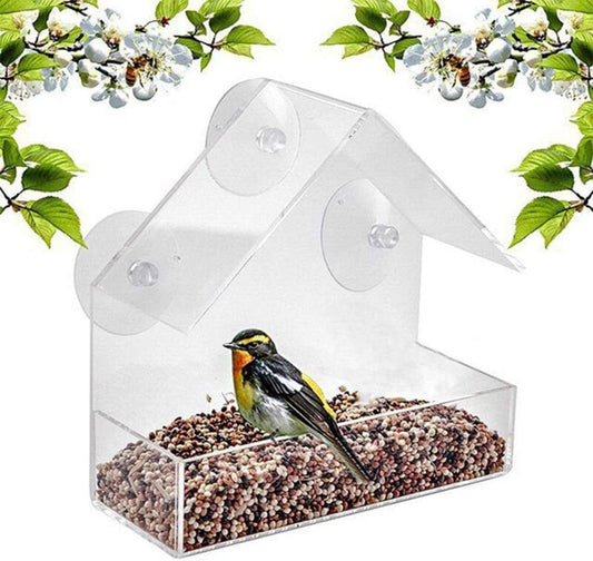 Bird Feeder Acrylic Food Box for Outdoor with 4 Suction Cups - Ideal for - Clear House Shaped Bird Feeder Garden and Patio