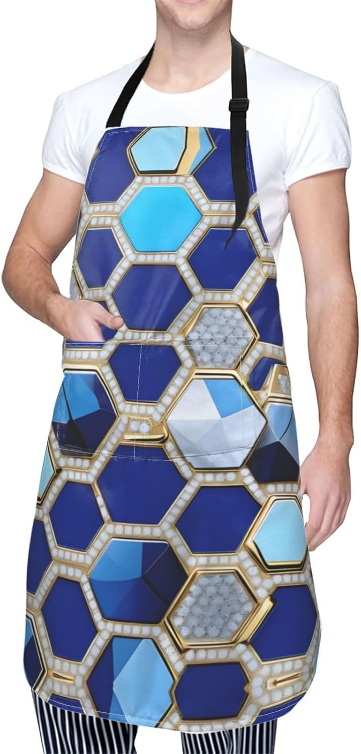 Blue Hexagons and Diamond Print Laundry apron 28x33 In Waterproof Kitchen Apron with Pockets for Cooking Baking