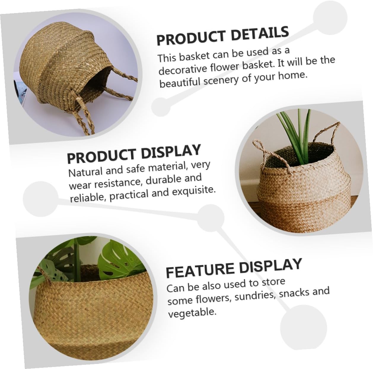 Woven Flowerpot Basket Handwoven Storage Bin Large Foldable Rattan Pla