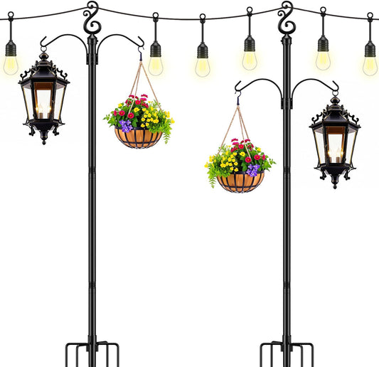 10 Ft Height 1 Inch Diameter String Light Poles StringLight Stand with Hooks Metal Poles for Outside Patio Yard Garden Backyard (10Ft Pole with Hooks, 4)